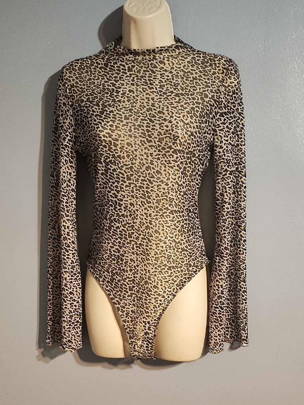 Shein Leopard Print Long Sleeve Shear Bodysuit - Neutral Tones